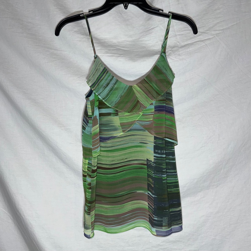CAbi Green Abstract Brushstroke Ruffle Flutter Camisole Top XS Sleeveless Y2K